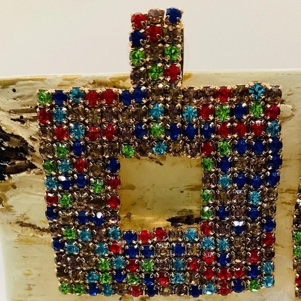 Multi-Color Geometric Diamond Studded Rhinestone Drop Earrings - Picture 5 of 7